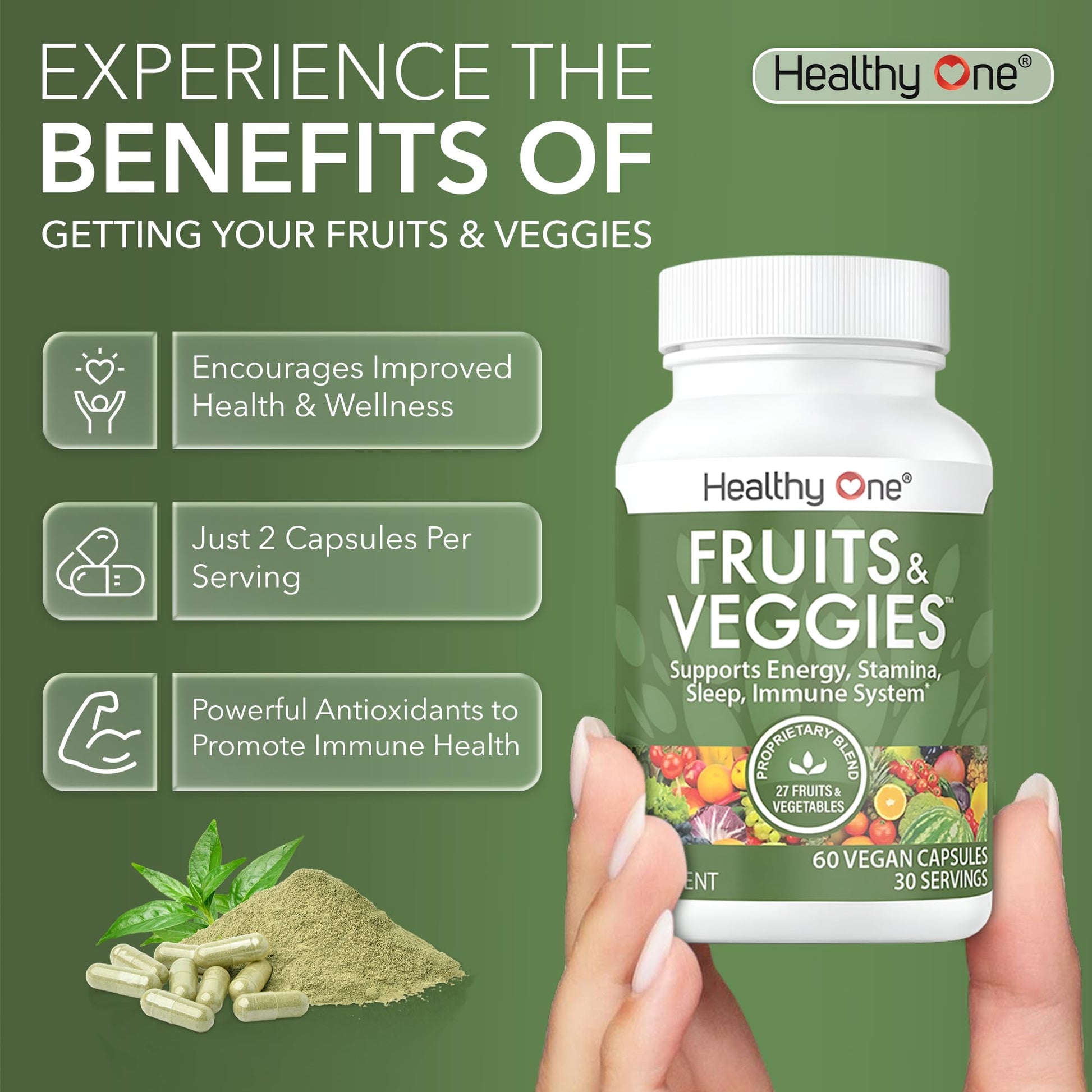 Fruits & Veggies Formula - 27 Premium Whole Foods - Organic Ingredients - Equals 3 Servings of Fruits & Vegetables - Improve Energy, Focus & Immune Function - Fiber - Antioxidants - 120ct (60 Serv) - dailyvitalstore