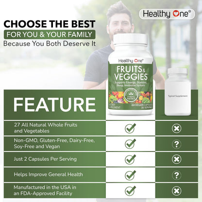 Fruits & Veggies Formula - 27 Premium Whole Foods - Organic Ingredients - Equals 3 Servings of Fruits & Vegetables - Improve Energy, Focus & Immune Function - Fiber - Antioxidants - 120ct (60 Serv) - dailyvitalstore