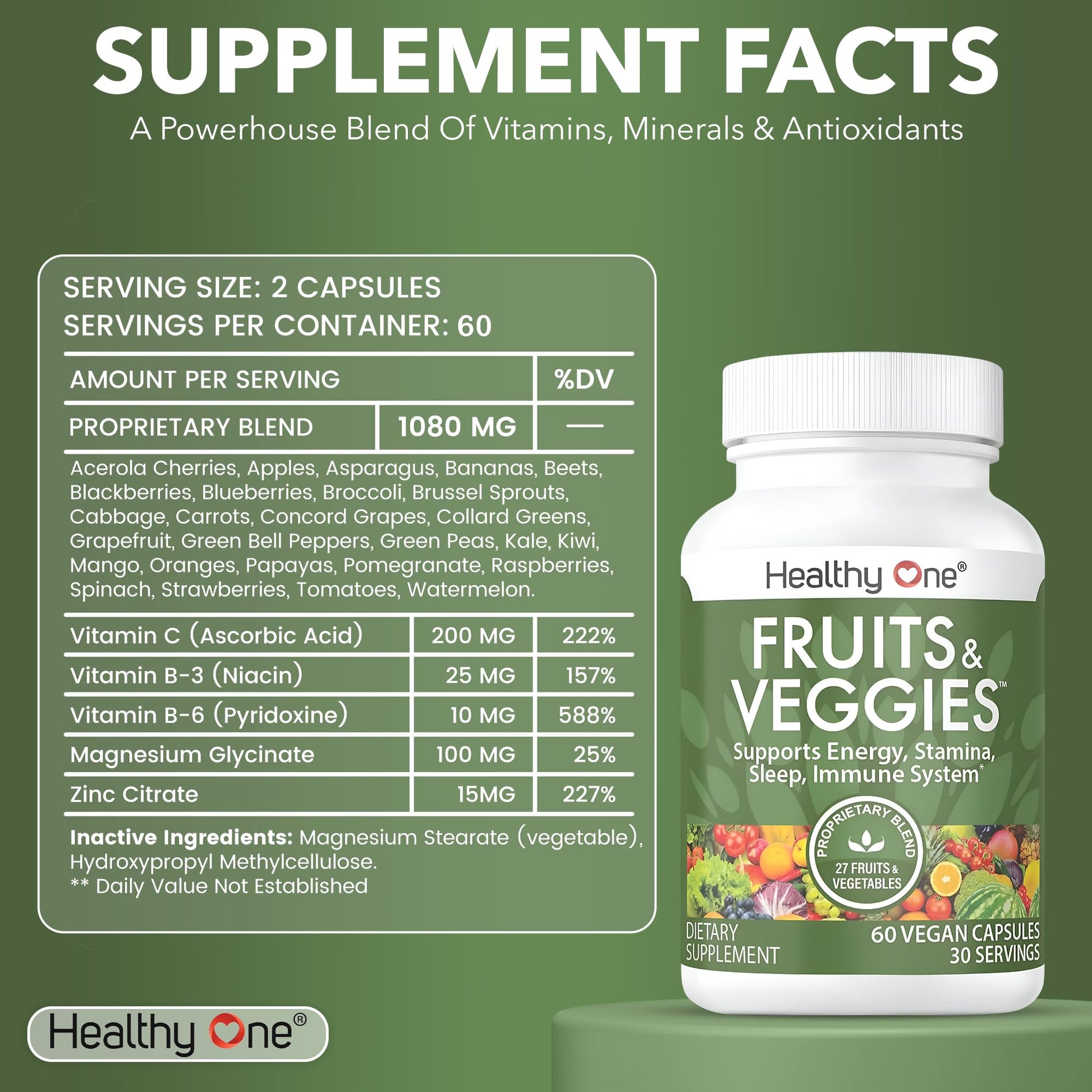 Fruits & Veggies Formula - 27 Premium Whole Foods - Organic Ingredients - Equals 3 Servings of Fruits & Vegetables - Improve Energy, Focus & Immune Function - Fiber - Antioxidants - 120ct (60 Serv) - dailyvitalstore