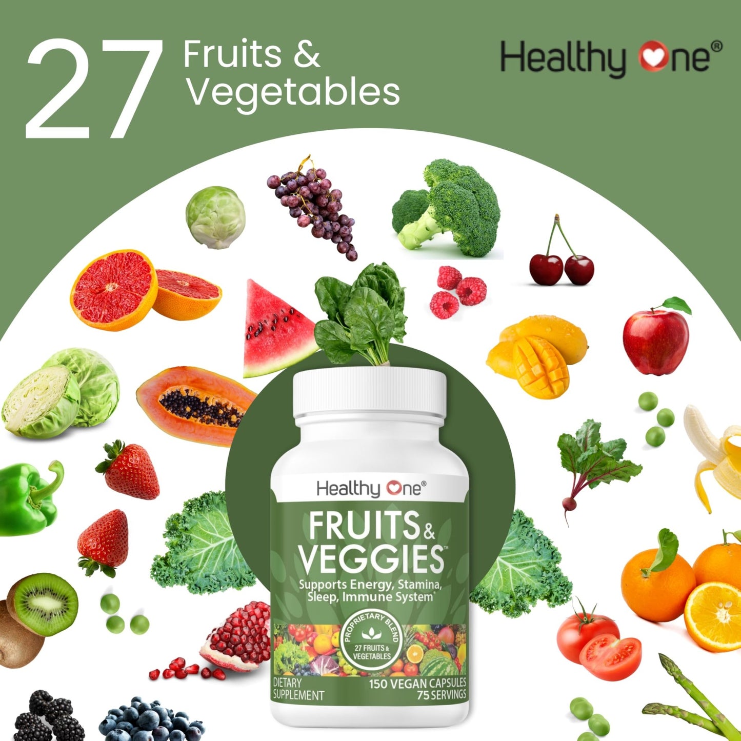 Fruits & Veggies Formula - 27 Premium Whole Foods - Organic Ingredients - Equals 3 Servings of Fruits & Vegetables - Improve Energy, Focus & Immune Function - Fiber - Antioxidants - 120ct (60 Serv) - dailyvitalstore