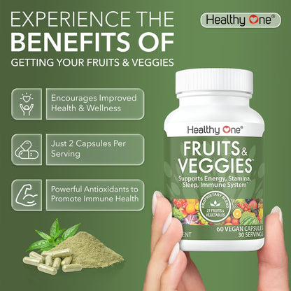 Fruits & Veggies Formula - 27 Premium Whole Foods - Organic Ingredients - Equals 3 Servings of Fruits & Vegetables - Improve Energy, Focus & Immune Function - Fiber - Antioxidants - 120ct (60 Serv) - dailyvitalstore