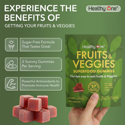 Fruits & Veggies Sugar-Free Gummies - 27 Whole Foods - Equals 3 Servings of Fruits & Vegetables - Improve Energy, Focus & Immune Function - Fiber - Antioxidants - Organic Ingredients - 14 Packets - dailyvitalstore