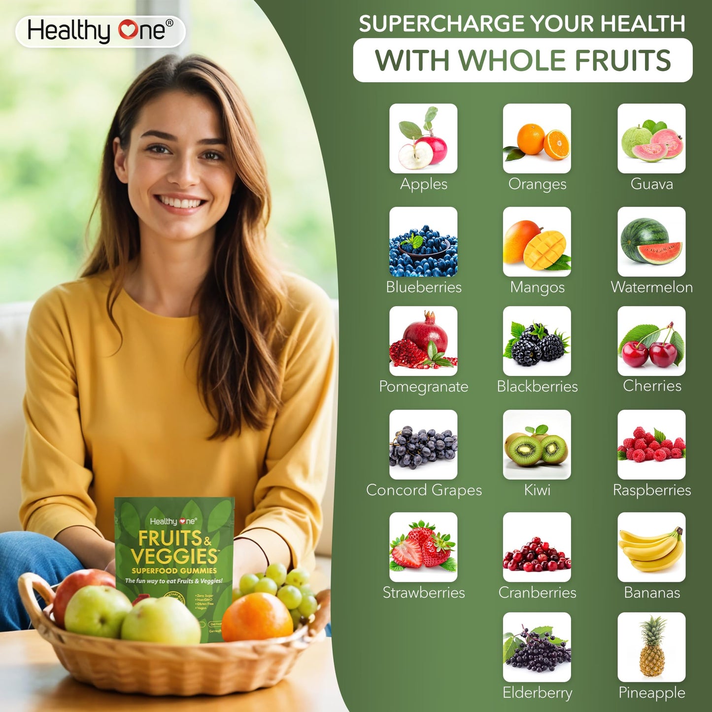Fruits & Veggies Sugar-Free Gummies - 27 Whole Foods - Equals 3 Servings of Fruits & Vegetables - Improve Energy, Focus & Immune Function - Fiber - Antioxidants - Organic Ingredients - 28 Packets - dailyvitalstore