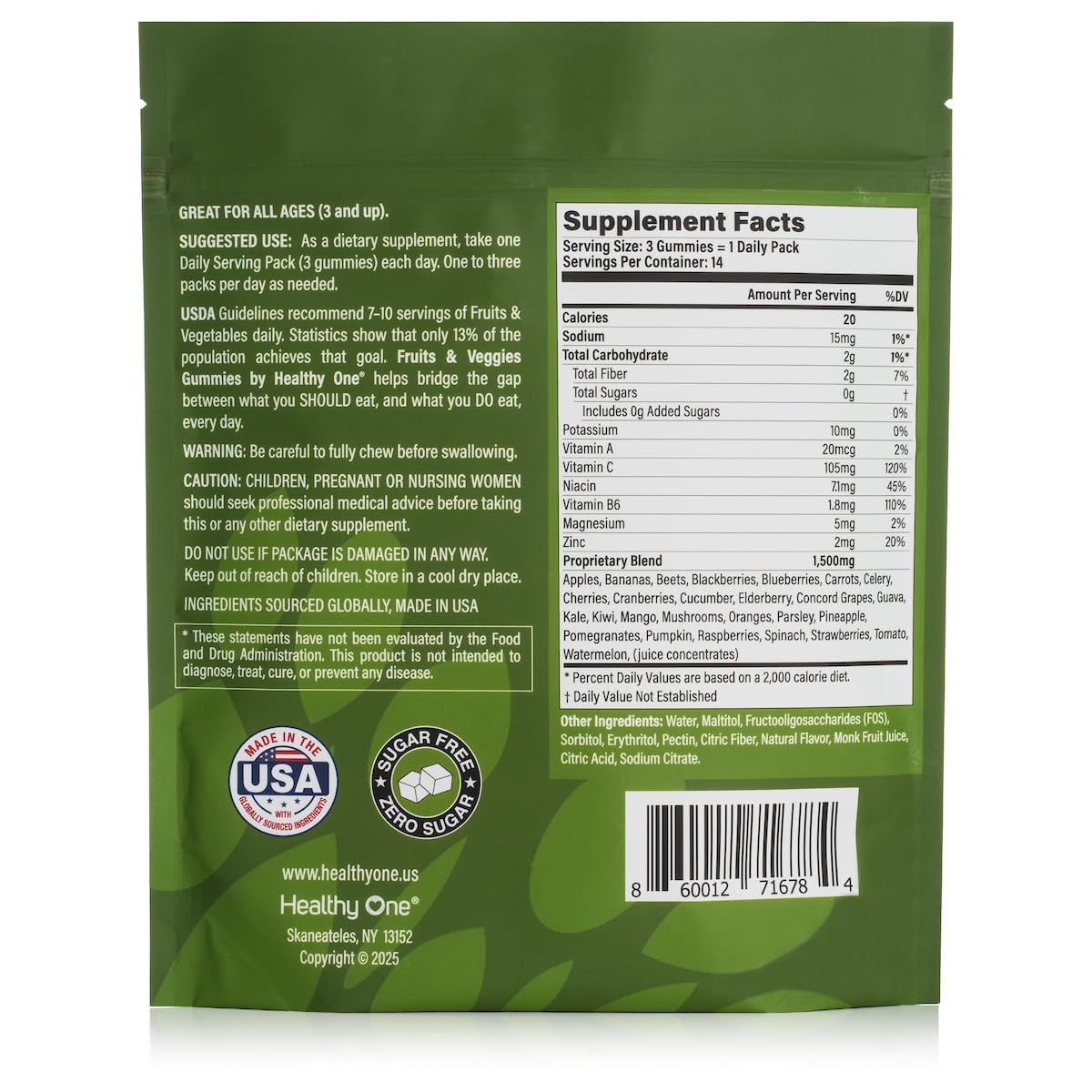 Fruits & Veggies Sugar-Free Gummies - 27 Whole Foods - Equals 3 Servings of Fruits & Vegetables - Improve Energy, Focus & Immune Function - Fiber - Antioxidants - Organic Ingredients - 28 Packets - dailyvitalstore
