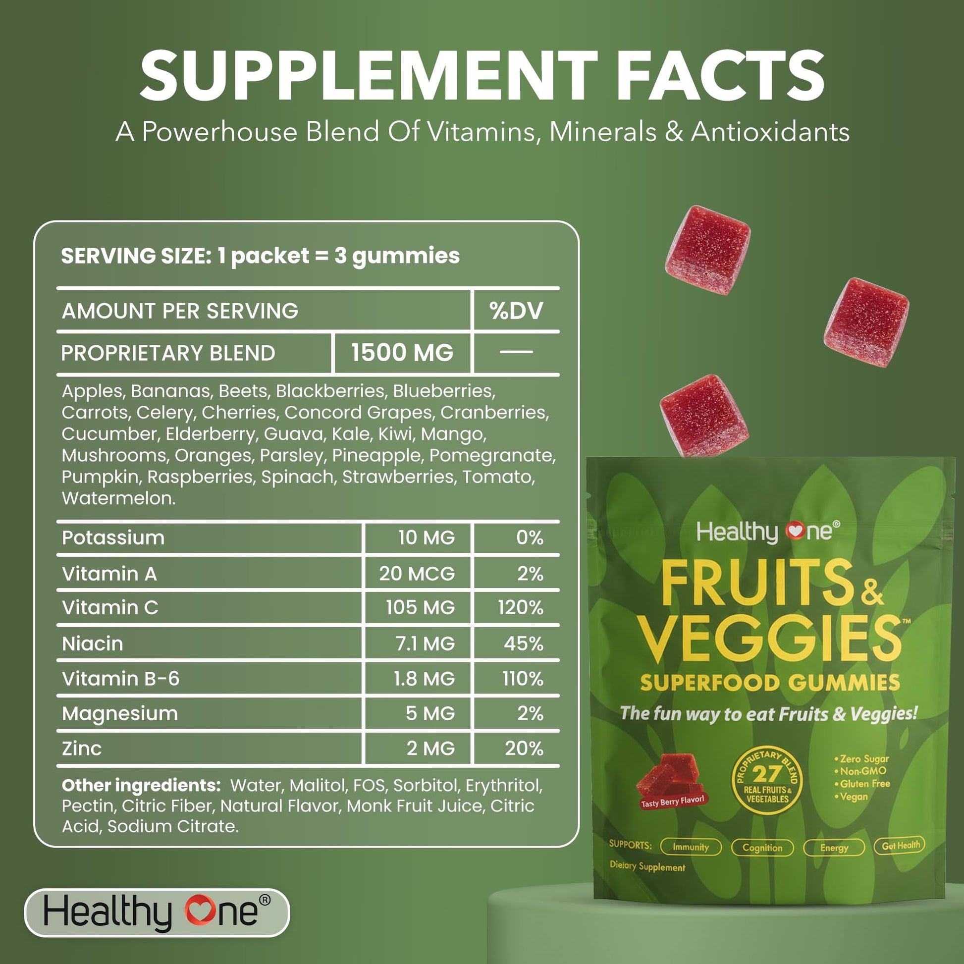 Fruits & Veggies Sugar-Free Gummies - 27 Whole Foods - Equals 3 Servings of Fruits & Vegetables - Improve Energy, Focus & Immune Function - Fiber - Antioxidants - Organic Ingredients - 14 Packets - dailyvitalstore