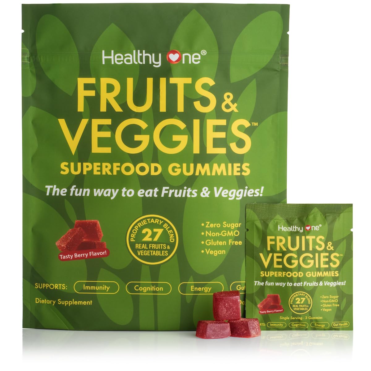 Fruits & Veggies Sugar-Free Gummies - 27 Whole Foods - Equals 3 Servings of Fruits & Vegetables - Improve Energy, Focus & Immune Function - Fiber - Antioxidants - Organic Ingredients - 14 Packets - dailyvitalstore