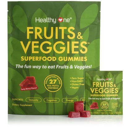 Fruits & Veggies Sugar-Free Gummies - 27 Whole Foods - Equals 3 Servings of Fruits & Vegetables - Improve Energy, Focus & Immune Function - Fiber - Antioxidants - Organic Ingredients - 28 Packets - dailyvitalstore