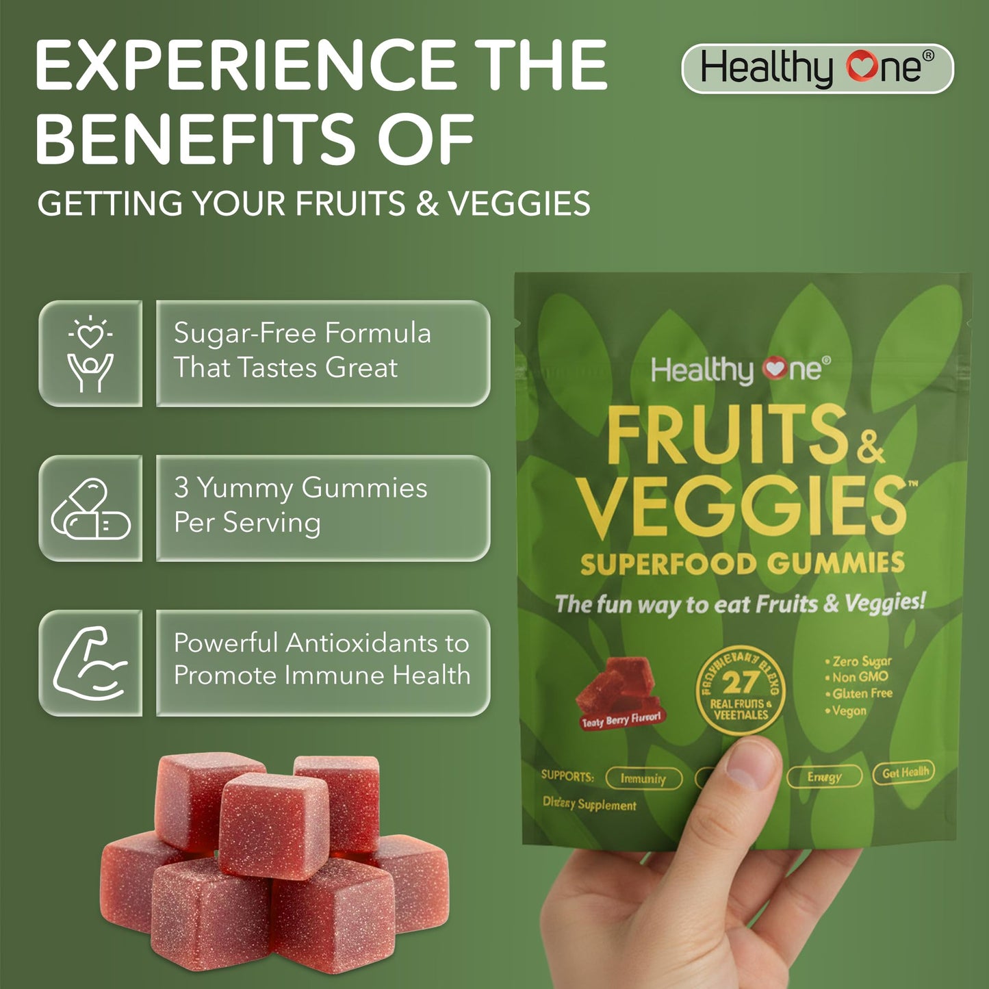 Fruits & Veggies Sugar-Free Gummies - 27 Whole Foods - Equals 3 Servings of Fruits & Vegetables - Improve Energy, Focus & Immune Function - Fiber - Antioxidants - Organic Ingredients - 28 Packets - dailyvitalstore