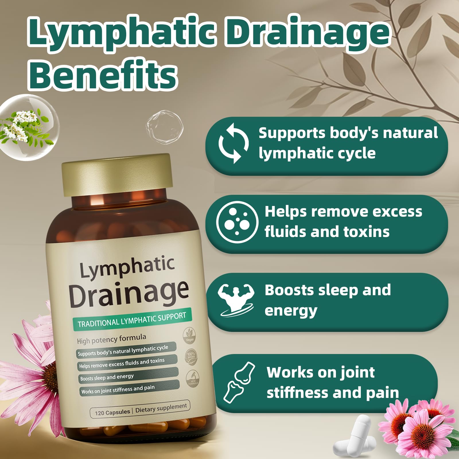 FRZVEO Lymphatic Drainage Capsules, 120 Capsules New Maximum Potency Formula 2 Month Supply with Dandelion Extract, Cleavers Extract - Supports Cellulite Reduction, Lymphatic Drainage & Immune Health - dailyvitalstore