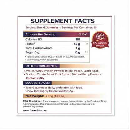 FUELE+ Protein Gummies – 12g High Protein Snack, Mixed Berry Flavor, No Added Sugar, Whey Protein Gummies, Supports Muscle Recovery, Post Workout Supplement - dailyvitalstore