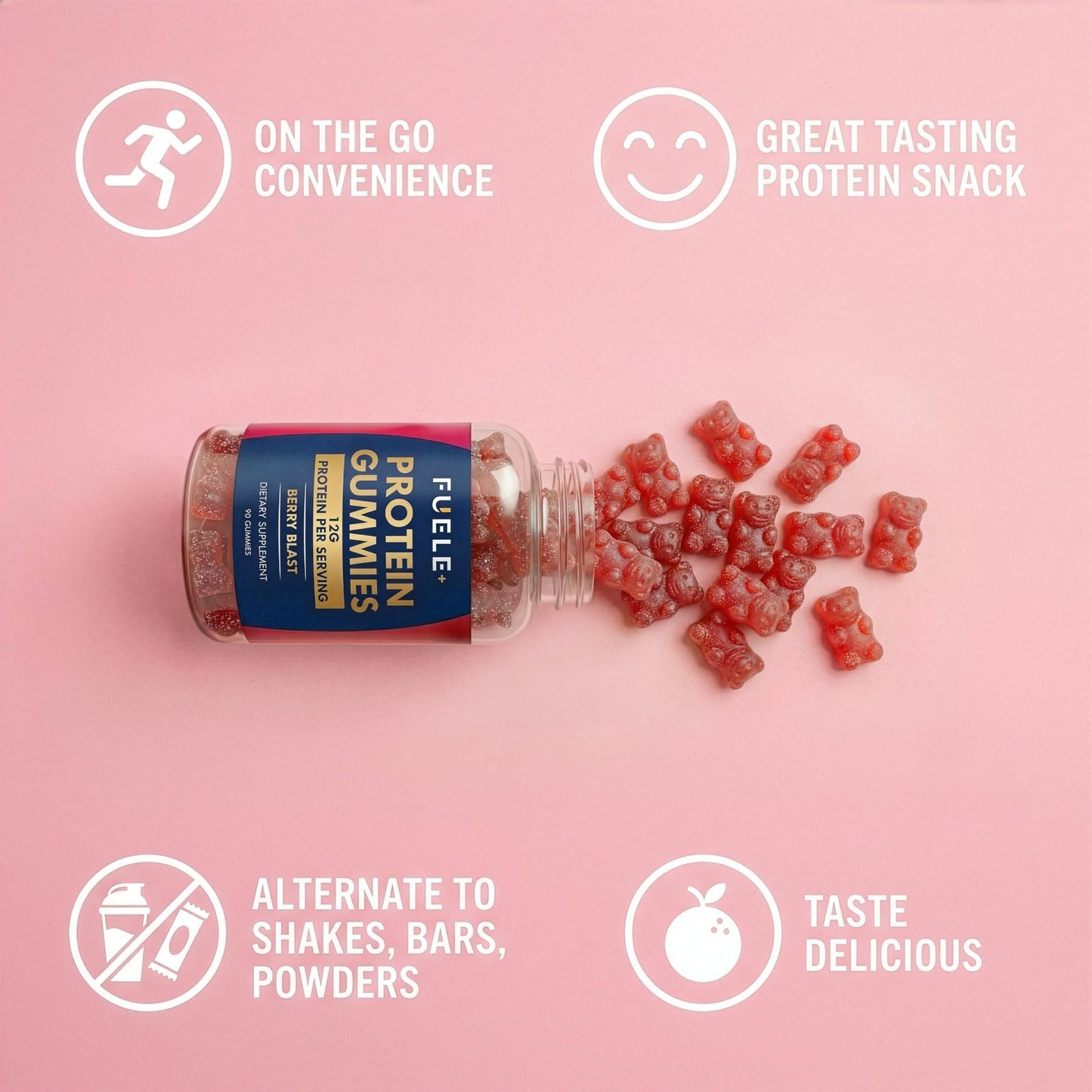FUELE+ Protein Gummies – 12g High Protein Snack, Mixed Berry Flavor, No Added Sugar, Whey Protein Gummies, Supports Muscle Recovery, Post Workout Supplement - dailyvitalstore