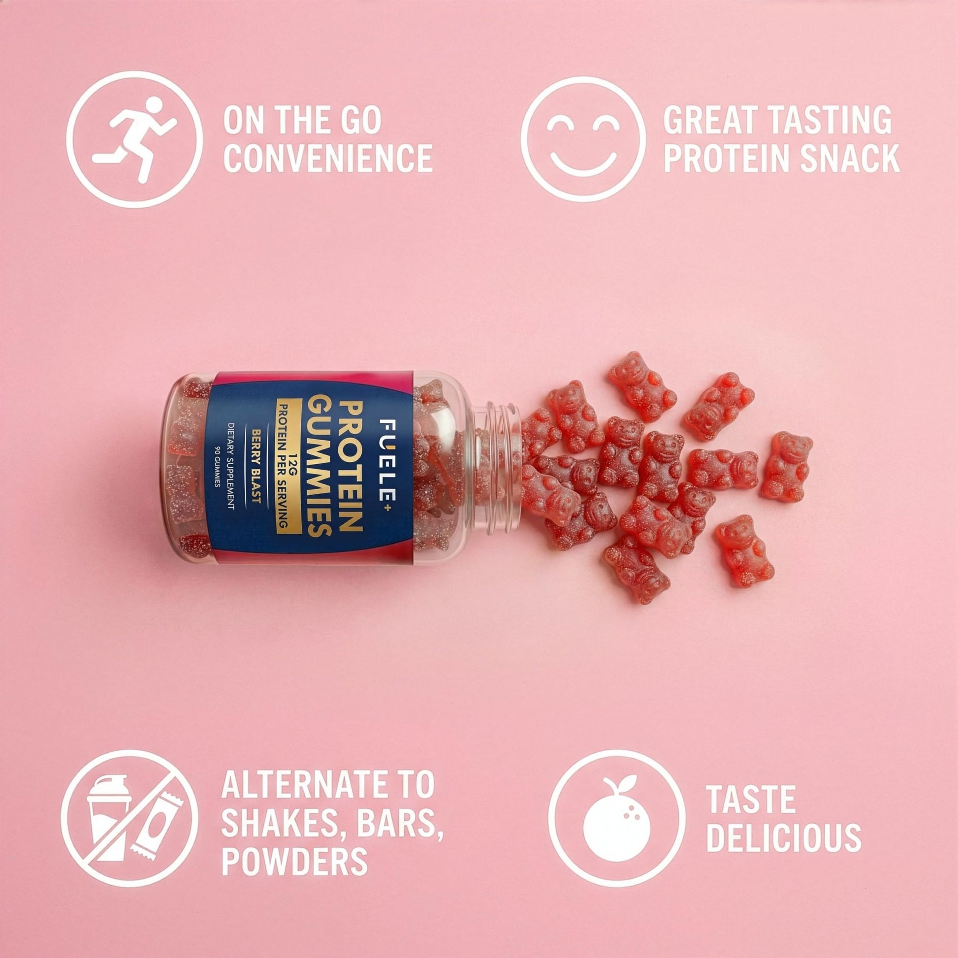 FUELE+ Protein Gummies – 12g High Protein Snack, Mixed Berry Flavor, No Added Sugar, Whey Protein Gummies, Supports Muscle Recovery, Post Workout Supplement - dailyvitalstore