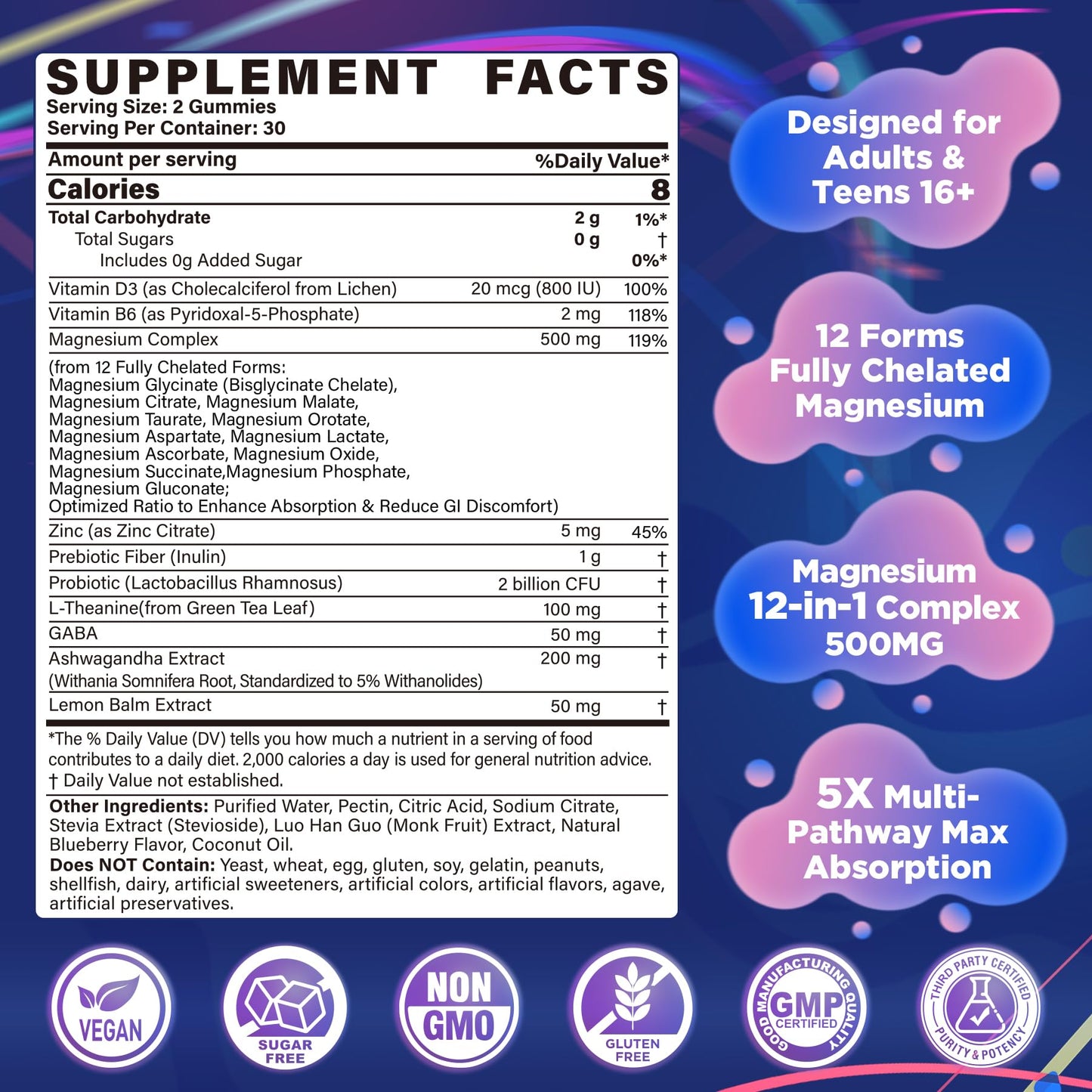 Full Spectrum Magnesium Glycinate Complex 21 in 1 Gummies for Deep Calm Sleep, 12 Forms Magnesium Citrate Malate Taurate Orotate for Women Men + Probiotics w/Ashwagandha, L-Theanine, GABA, 120Cts - dailyvitalstore