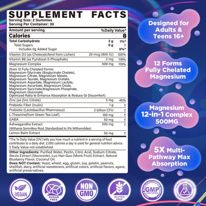 Full Spectrum Magnesium Glycinate Complex 21 in 1 Gummies for Deep Calm Sleep, 12 Forms Magnesium Citrate Malate Taurate Orotate for Women Men + Probiotics w/Ashwagandha, L-Theanine, GABA, 120Cts - dailyvitalstore