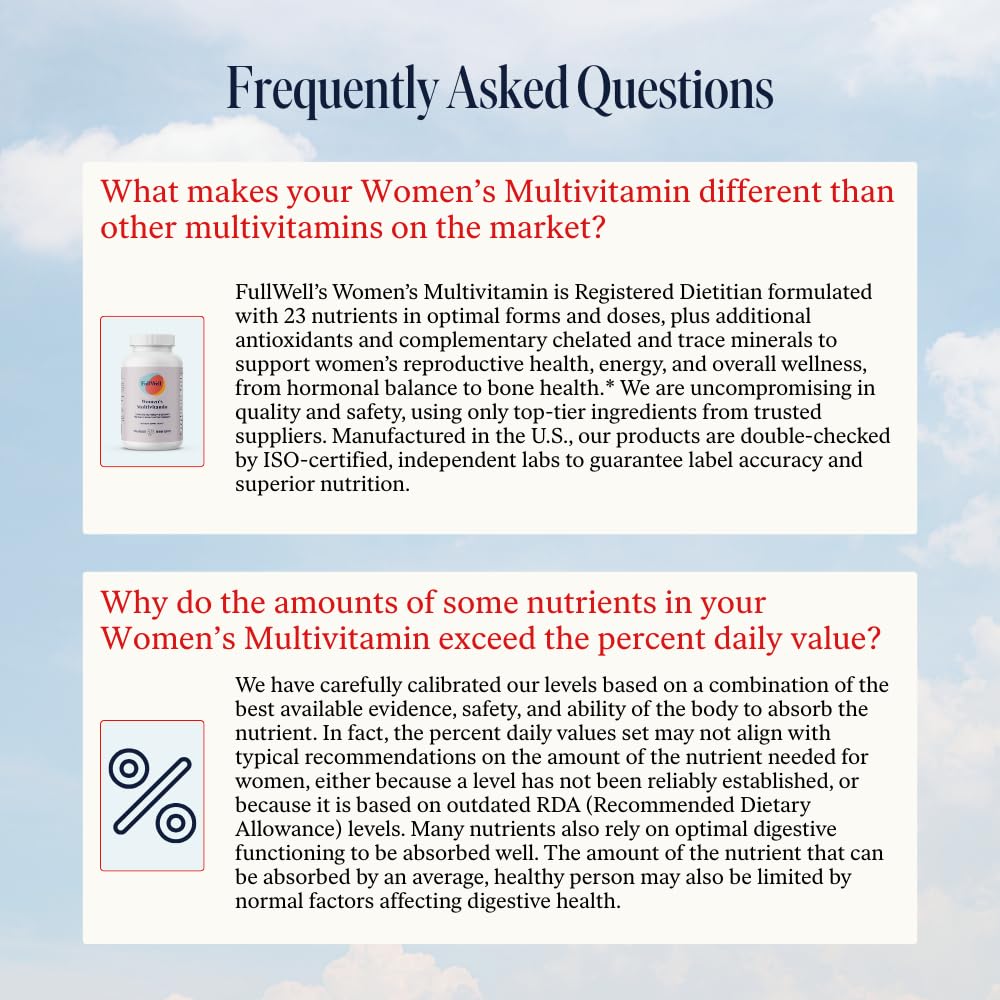 FullWell Women's Multivitamin - Daily Multivitamin for Reproductive Health - Supports Future Fertility, Hormone Balance & Overall Wellness - Antioxidant Blend - CoQ10 & PQQ - 90 Count (30 Servings) - dailyvitalstore