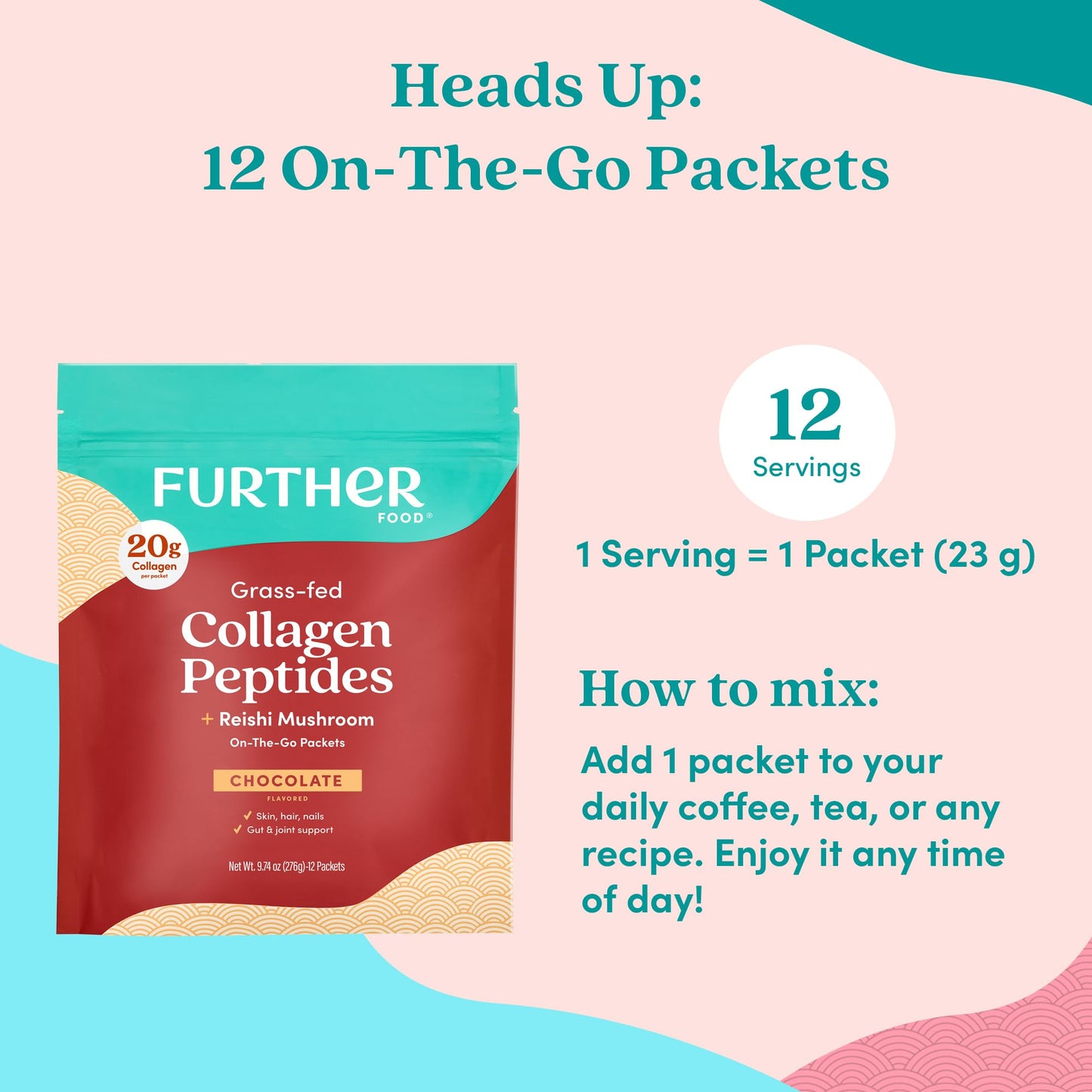 Further Food Chocolate Collagen Peptides Powder with Reishi Mushroom - 100% Grass-Fed, Hydrolyzed Type 1 & 3, 20g of Collagen per Serving, Supports Skin, Hair, Nails & Joints, Stick Packs, 9.74 Oz - dailyvitalstore