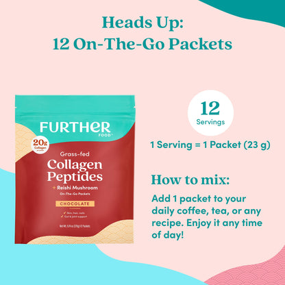 Further Food Chocolate Collagen Peptides Powder with Reishi Mushroom - 100% Grass-Fed, Hydrolyzed Type 1 & 3, 20g of Collagen per Serving, Supports Skin, Hair, Nails & Joints, Stick Packs, 9.74 Oz - dailyvitalstore
