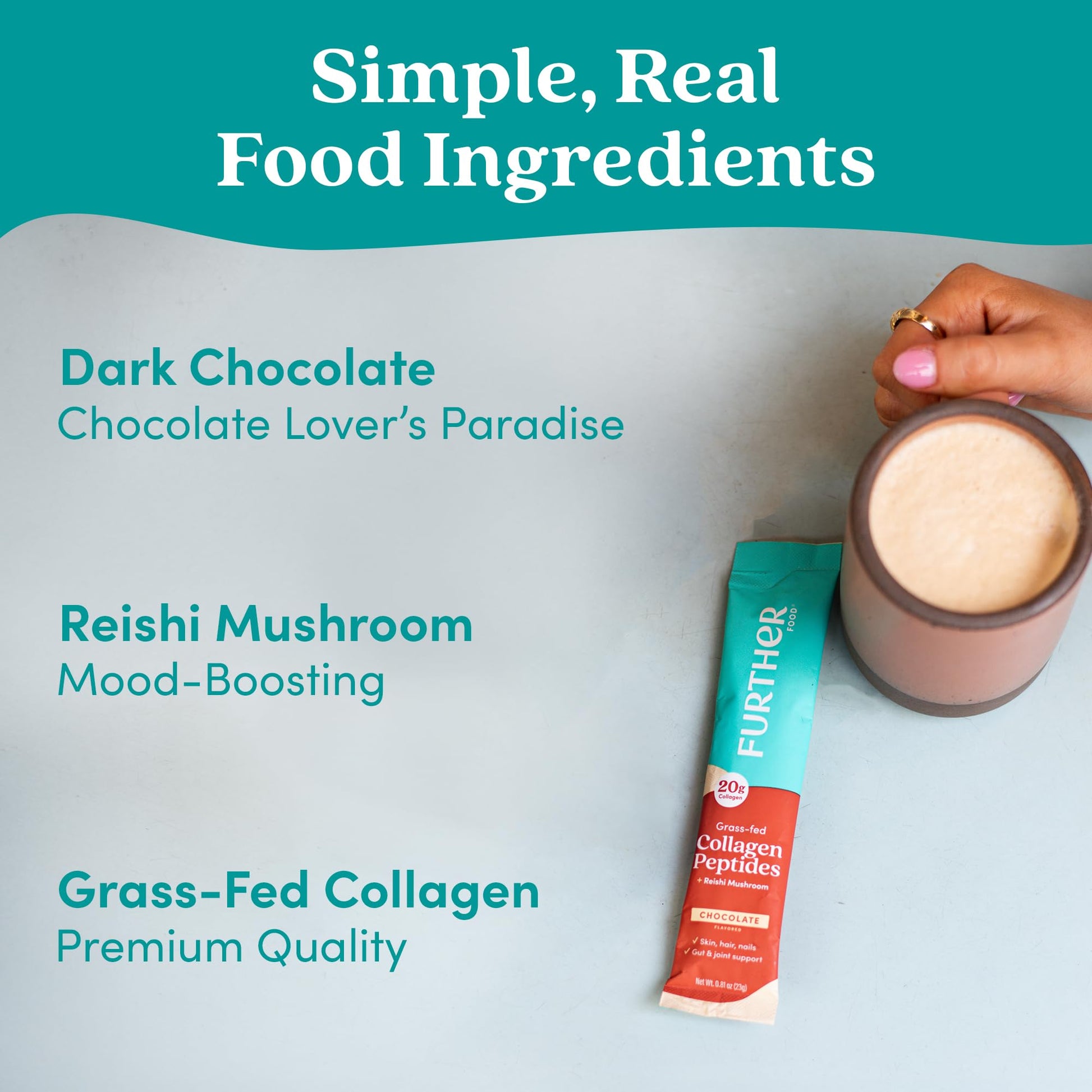 Further Food Chocolate Collagen Peptides Powder with Reishi Mushroom - 100% Grass-Fed, Hydrolyzed Type 1 & 3, 20g of Collagen per Serving, Supports Skin, Hair, Nails & Joints, Stick Packs, 9.74 Oz - dailyvitalstore