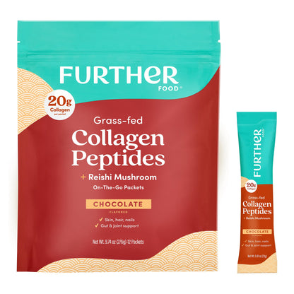 Further Food Chocolate Collagen Peptides Powder with Reishi Mushroom - 100% Grass-Fed, Hydrolyzed Type 1 & 3, 20g of Collagen per Serving, Supports Skin, Hair, Nails & Joints, Stick Packs, 9.74 Oz - dailyvitalstore