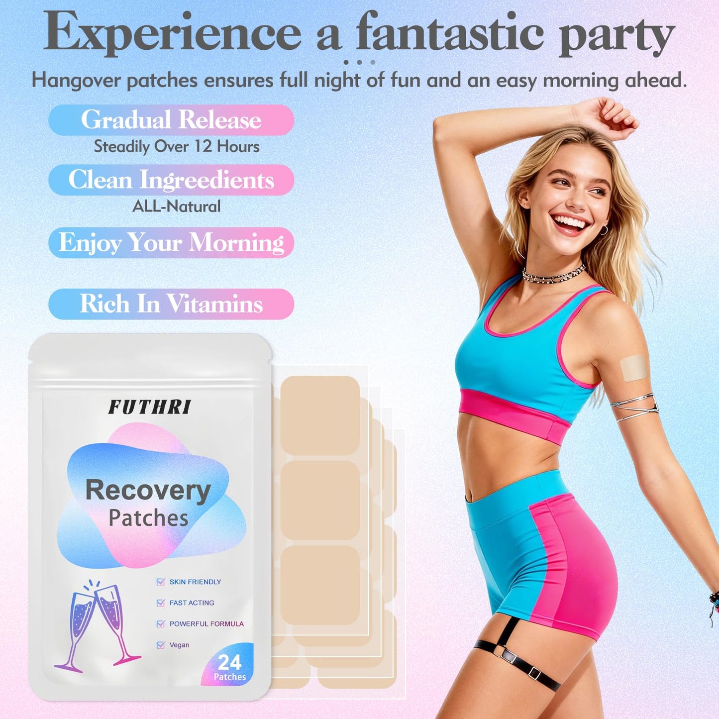 FUTHRI Recovery Patch 24 Pack: Wake Up Refreshed with Natural Ingredients - Waterproof & Skin-Friendly - Pre-Drink Patch for Festivals & Nights Out - dailyvitalstore