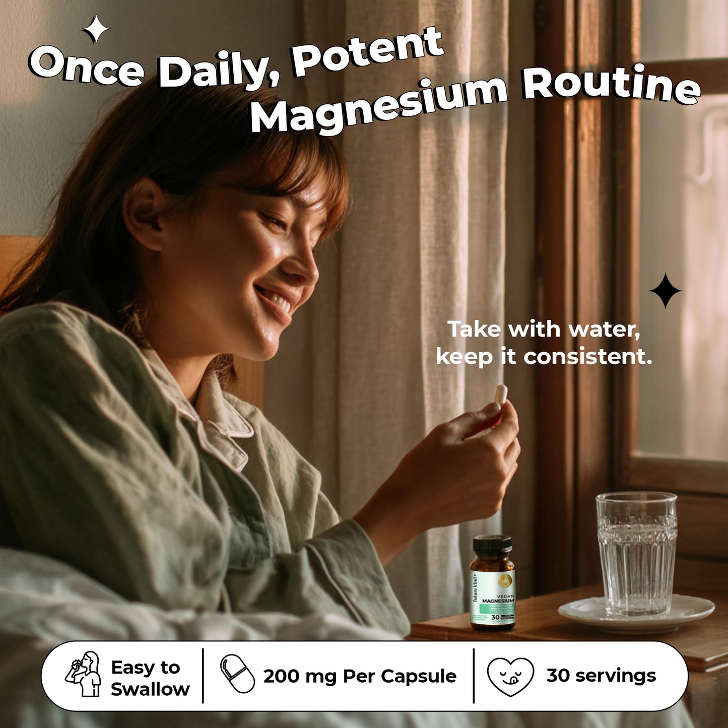 Future Kind Magnesium Glycinate, Supports Muscle and Nerve Function, High Absorption Chelated Magnesium Supplement, Nightly Calm, Energy & Metabolism, Highly Bioavailable & Potent - 30 Vegan Capsules - dailyvitalstore