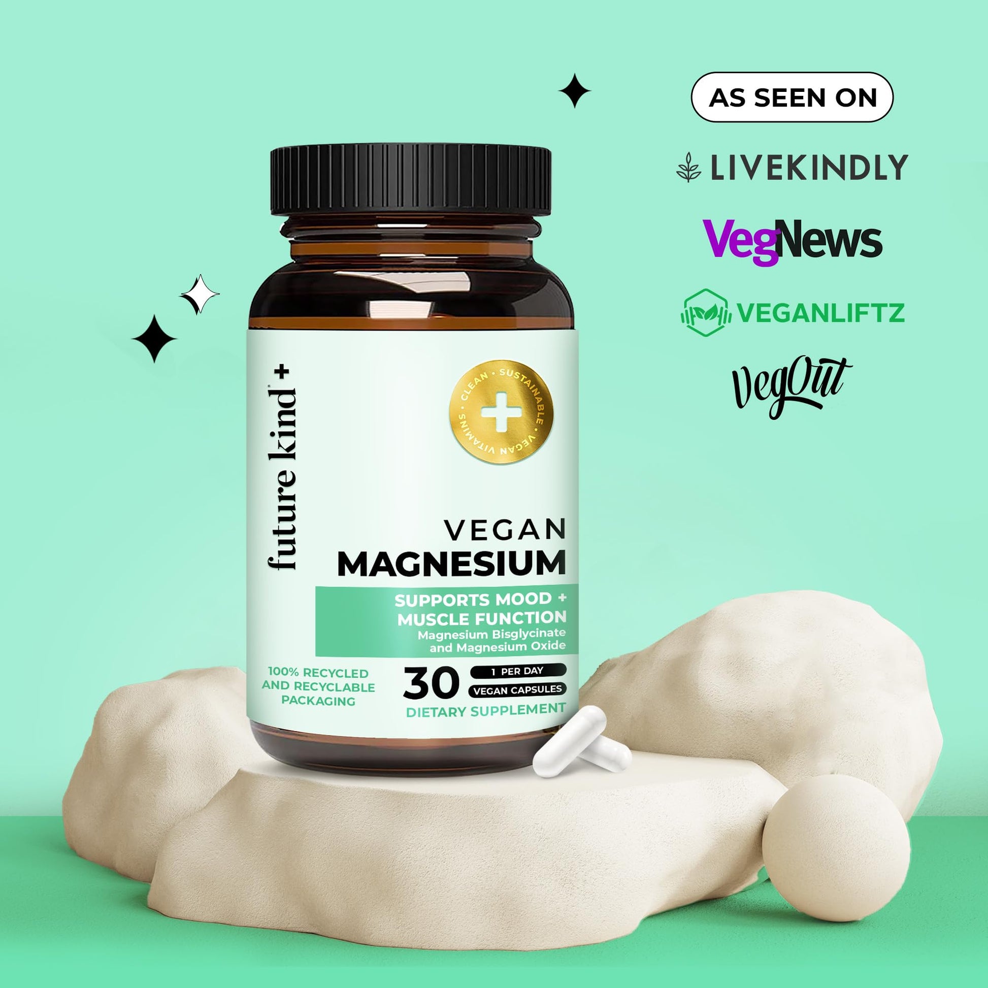 Future Kind Magnesium Glycinate, Supports Muscle and Nerve Function, High Absorption Chelated Magnesium Supplement, Nightly Calm, Energy & Metabolism, Highly Bioavailable & Potent - 30 Vegan Capsules - dailyvitalstore