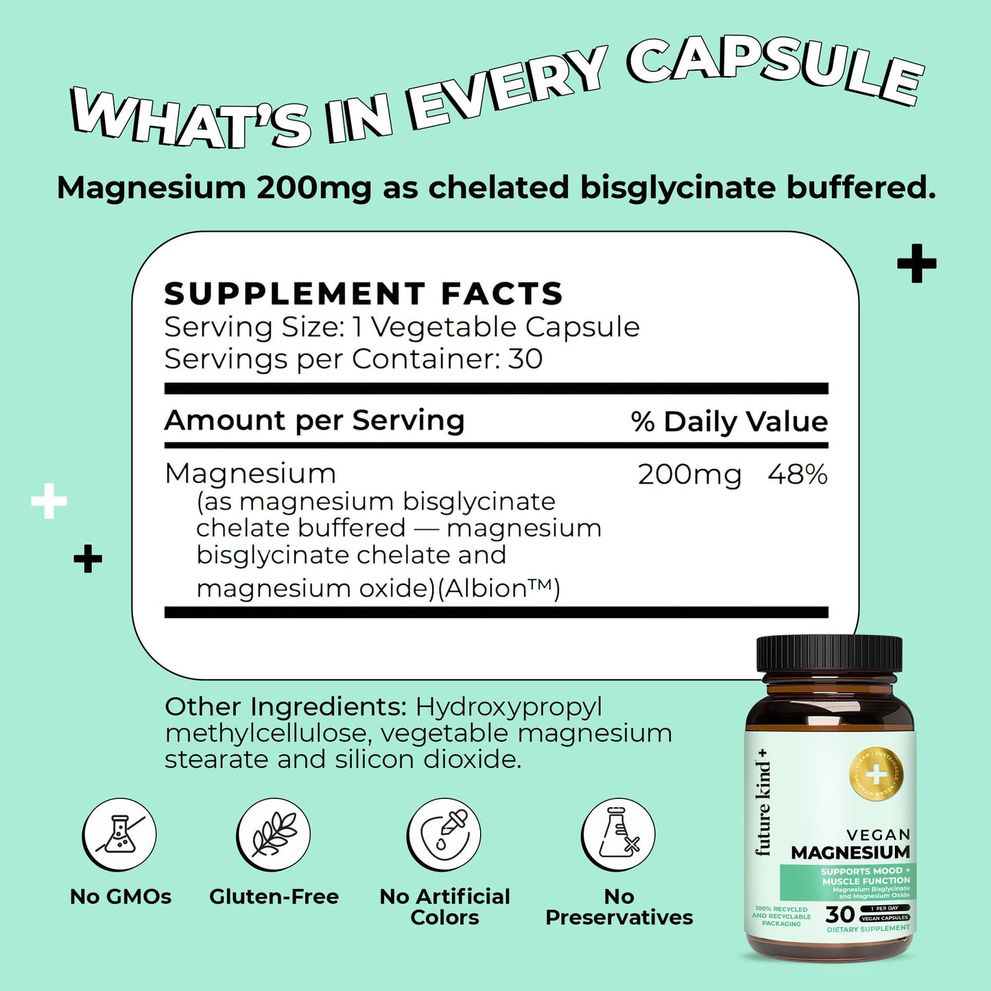 Future Kind Magnesium Glycinate, Supports Muscle and Nerve Function, High Absorption Chelated Magnesium Supplement, Nightly Calm, Energy & Metabolism, Highly Bioavailable & Potent - 30 Vegan Capsules - dailyvitalstore