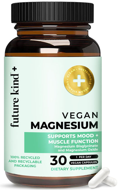 Future Kind Magnesium Glycinate, Supports Muscle and Nerve Function, High Absorption Chelated Magnesium Supplement, Nightly Calm, Energy & Metabolism, Highly Bioavailable & Potent - 30 Vegan Capsules - dailyvitalstore