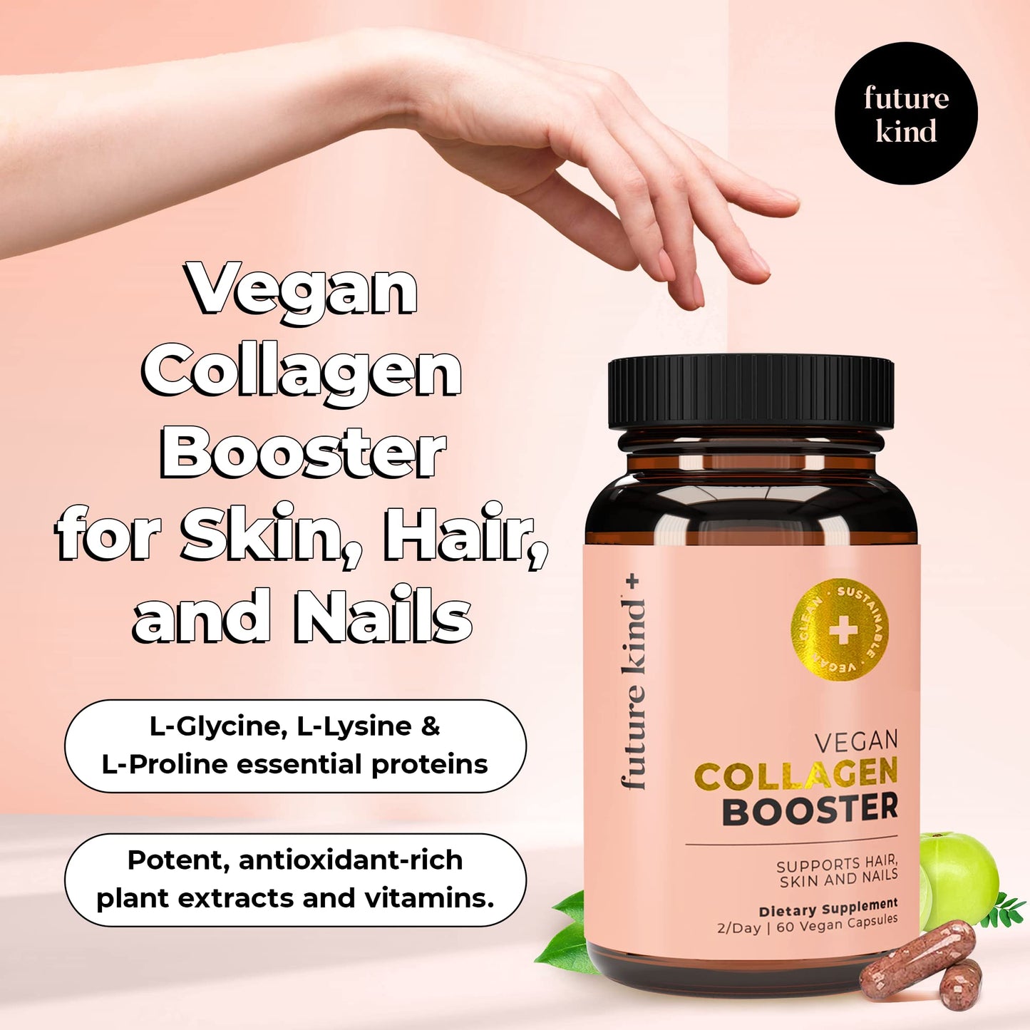Future Kind Vegan Collagen - Supports Collagen Production with Biotin and Vitamin C (60 Capsules in Glass Bottle) - dailyvitalstore