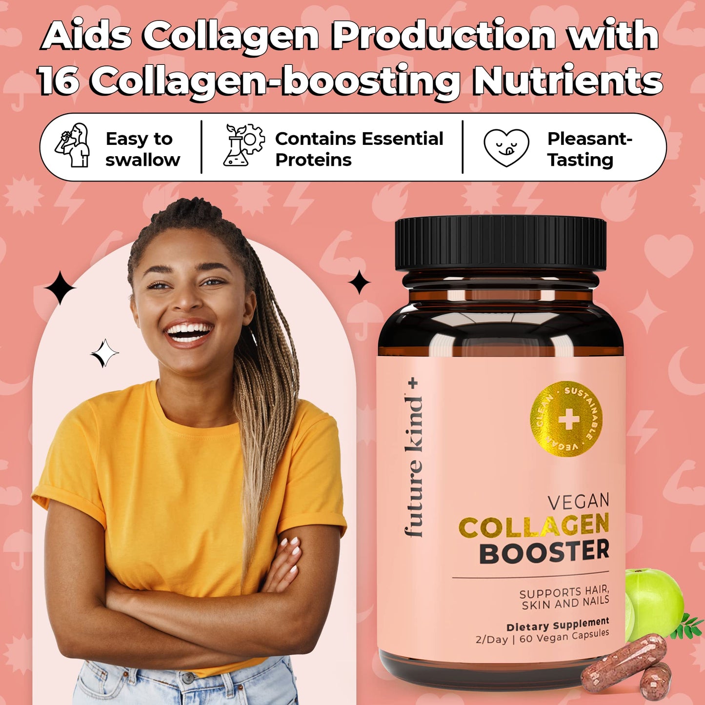 Future Kind Vegan Collagen - Supports Collagen Production with Biotin and Vitamin C (60 Capsules in Glass Bottle) - dailyvitalstore