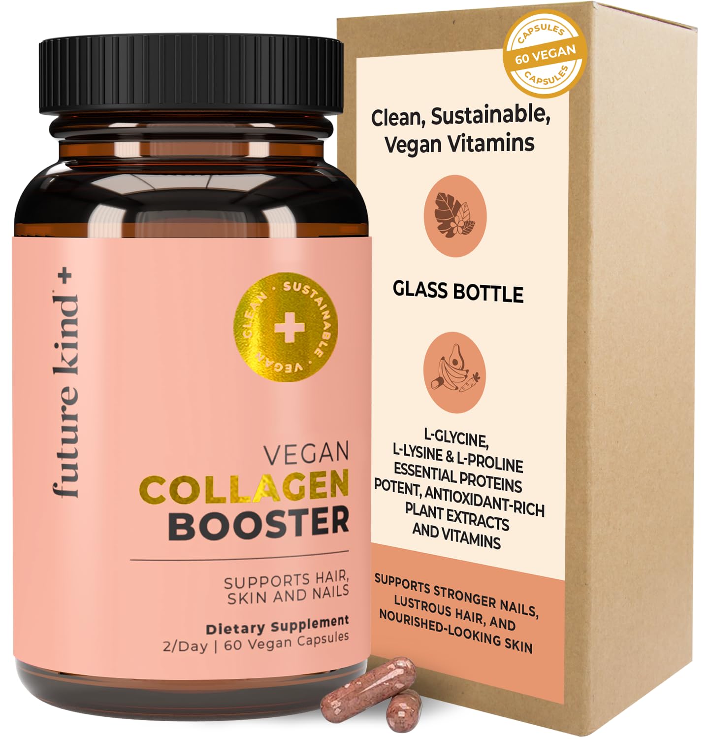 Future Kind Vegan Collagen - Supports Collagen Production with Biotin and Vitamin C (60 Capsules in Glass Bottle) - dailyvitalstore