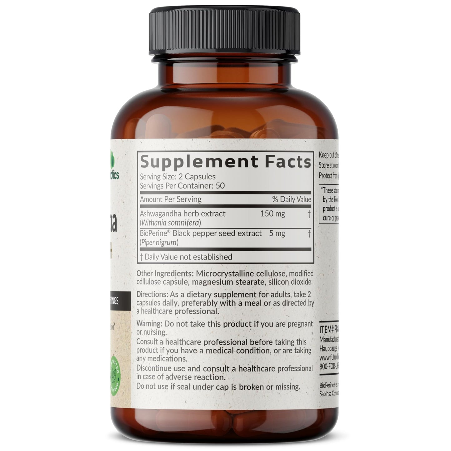 Futurebiotics Ashwagandha Extra Strength Stress & Mood Support with BioPerine - Non GMO Formula, 100 Vegetarian Capsules - dailyvitalstore