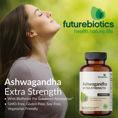 Futurebiotics Ashwagandha Extra Strength Stress & Mood Support with BioPerine - Non GMO Formula, 100 Vegetarian Capsules - dailyvitalstore
