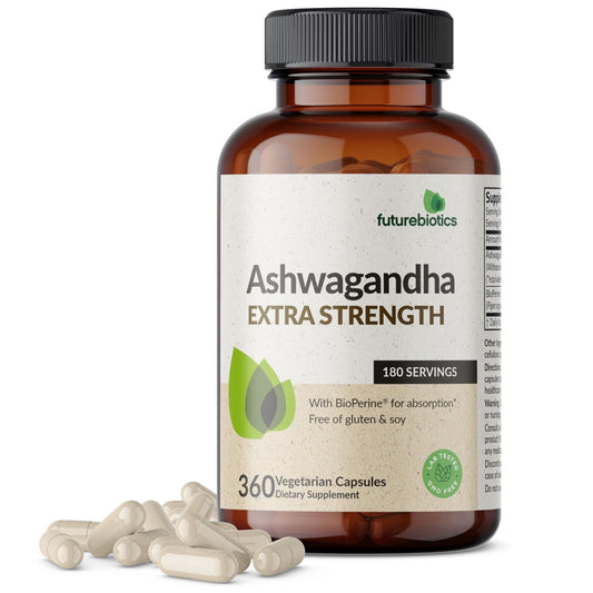 Futurebiotics Ashwagandha Extra Strength Stress & Mood Support with BioPerine - Non GMO Formula, 360 Vegetarian Capsules - dailyvitalstore