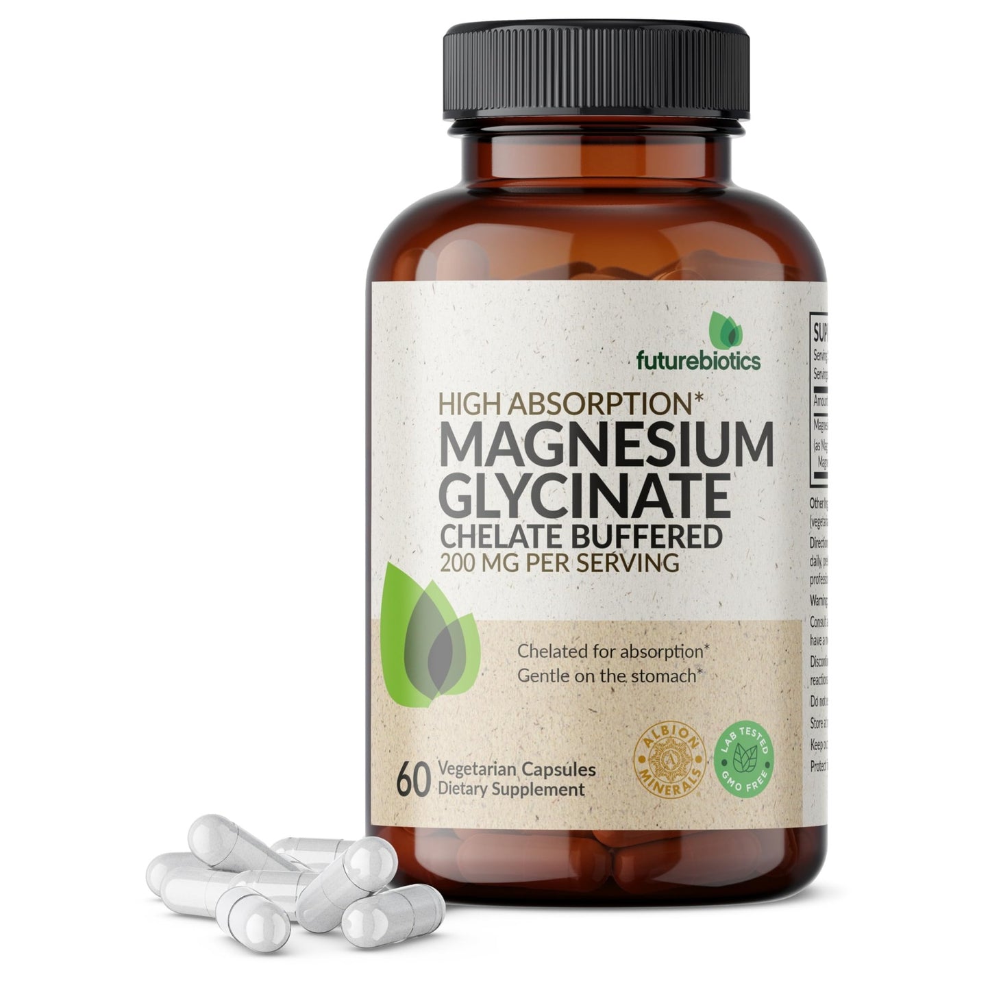 Futurebiotics Magnesium Glycinate 200 MG per Serving Chelated for High Absorption, Gentle On Stomach, Non-GMO, 60 Vegetarian Capsules - dailyvitalstore