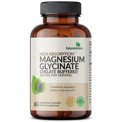 Futurebiotics Magnesium Glycinate 200 MG per Serving Chelated for High Absorption, Gentle On Stomach, Non-GMO, 60 Vegetarian Capsules - dailyvitalstore