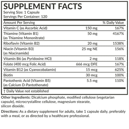 Futurebiotics Vitamin B Complex with Vitamin C Supports Energy Production, Nervous System & Immune Support - Non-GMO, 120 Vegetarian Capsules - dailyvitalstore