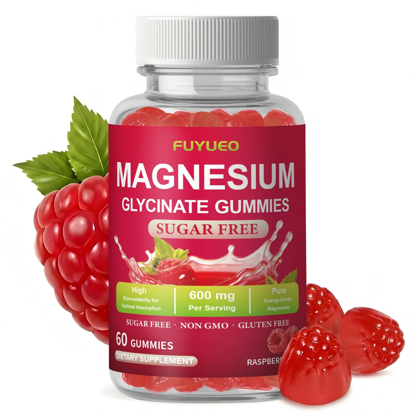 FUYUEO Magnesium Glycinate Gummies for Sleep & Relaxation, Sugar Free High Absorption Magnesium Supplement for Men & Women, Gentle on Stomach, Chewable, Raspberry, 60 Count (Pack of 1) - dailyvitalstore