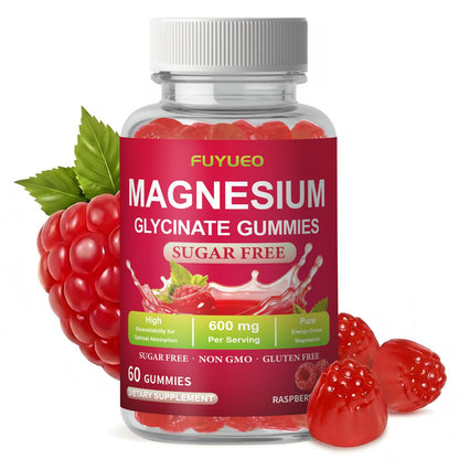FUYUEO Magnesium Glycinate Gummies for Sleep & Relaxation, Sugar Free High Absorption Magnesium Supplement for Men & Women, Gentle on Stomach, Chewable, Raspberry, 60 Count (Pack of 1) - dailyvitalstore