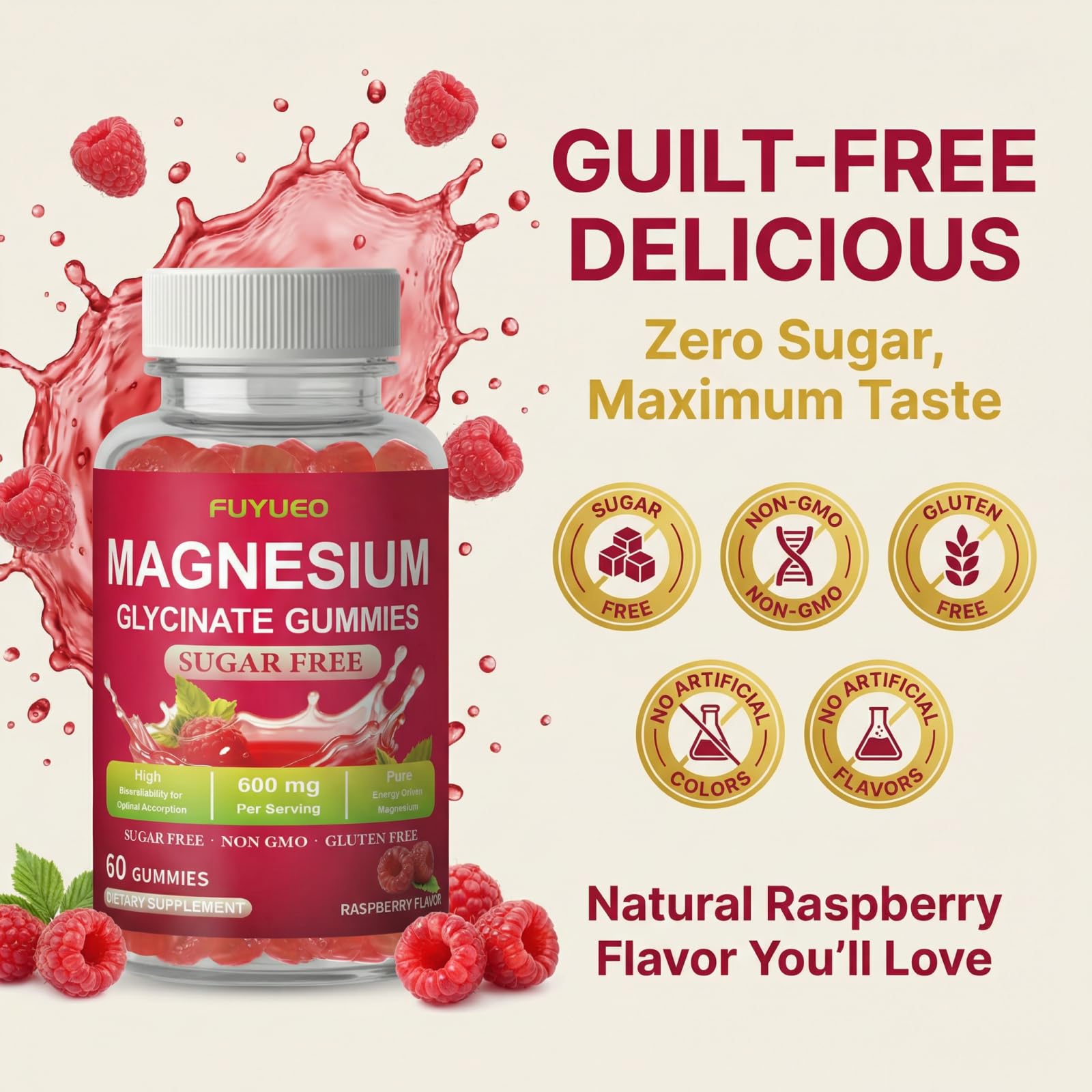 FUYUEO Magnesium Glycinate Gummies for Sleep & Relaxation, Sugar Free High Absorption Magnesium Supplement for Men & Women, Gentle on Stomach, Chewable, Raspberry, 60 Count (Pack of 1) - dailyvitalstore