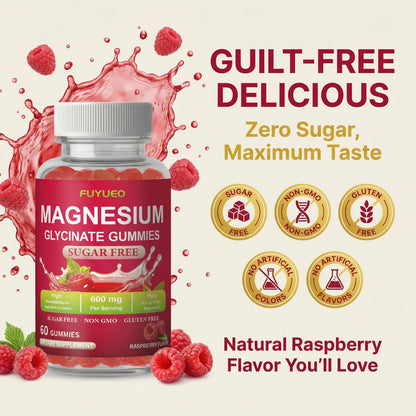 FUYUEO Magnesium Glycinate Gummies for Sleep & Relaxation, Sugar Free High Absorption Magnesium Supplement for Men & Women, Gentle on Stomach, Chewable, Raspberry, 60 Count (Pack of 1) - dailyvitalstore