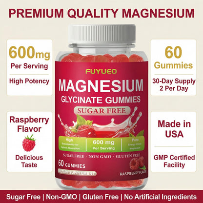 FUYUEO Magnesium Glycinate Gummies for Sleep & Relaxation, Sugar Free High Absorption Magnesium Supplement for Men & Women, Gentle on Stomach, Chewable, Raspberry, 60 Count (Pack of 1) - dailyvitalstore