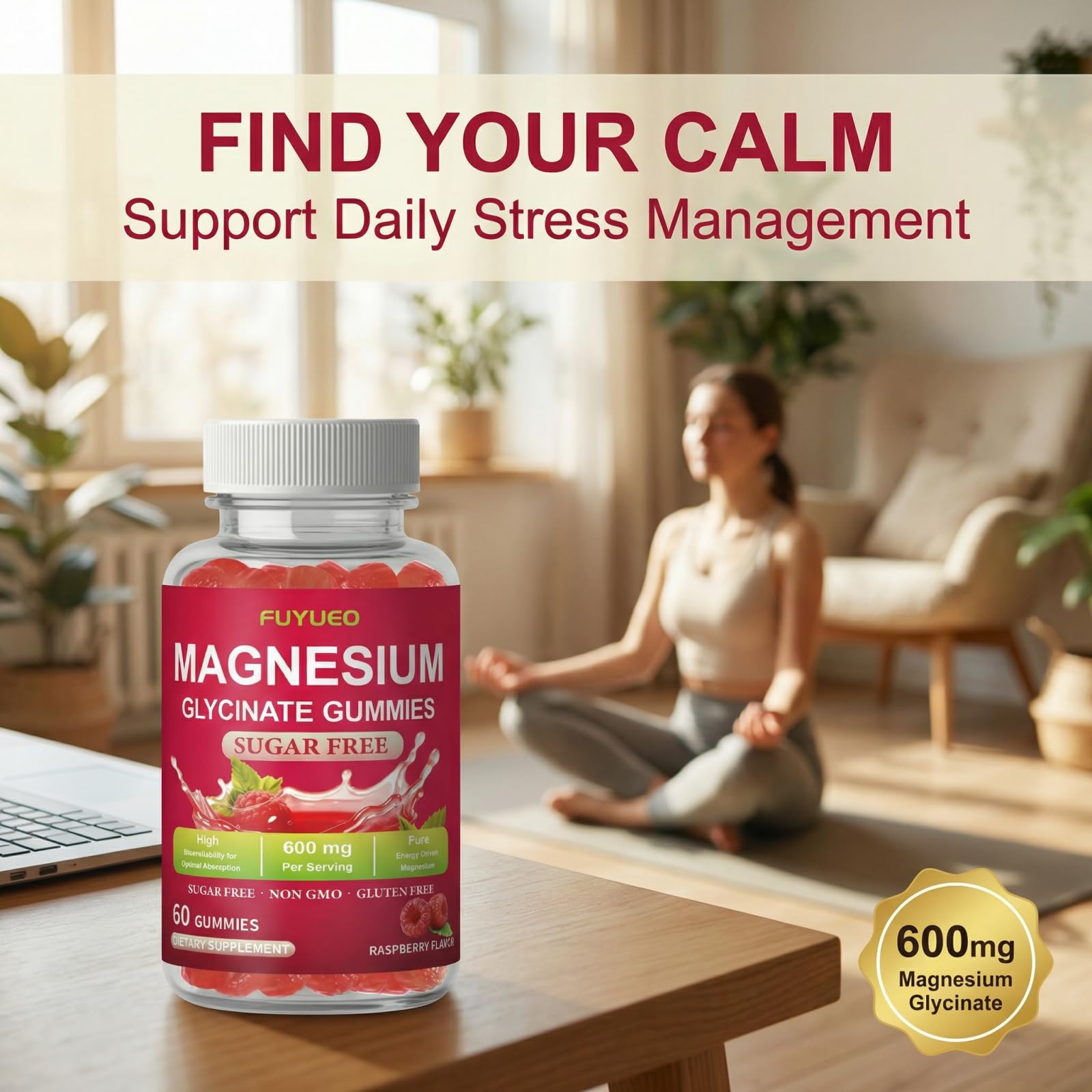 FUYUEO Magnesium Glycinate Gummies for Sleep & Relaxation, Sugar Free High Absorption Magnesium Supplement for Men & Women, Gentle on Stomach, Chewable, Raspberry, 60 Count (Pack of 1) - dailyvitalstore