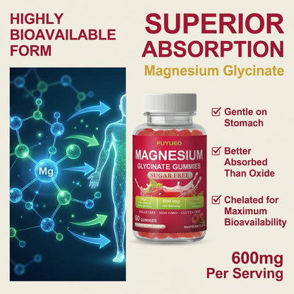 FUYUEO Magnesium Glycinate Gummies for Sleep & Relaxation, Sugar Free High Absorption Magnesium Supplement for Men & Women, Gentle on Stomach, Chewable, Raspberry, 60 Count (Pack of 1) - dailyvitalstore
