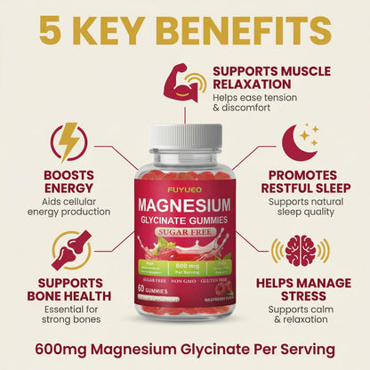 FUYUEO Magnesium Glycinate Gummies for Sleep & Relaxation, Sugar Free High Absorption Magnesium Supplement for Men & Women, Gentle on Stomach, Chewable, Raspberry, 60 Count (Pack of 1) - dailyvitalstore