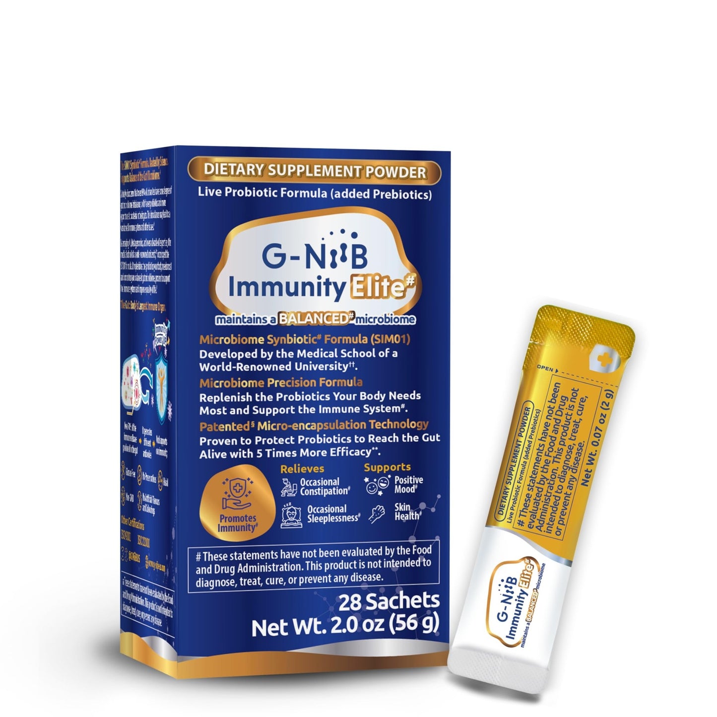 G-NiiB Immunity Elite (SIM01 Synbiotic Formula) - Potent Live probiotics and Added prebiotics to Support Immunity, Regularity, Sleep, Mood, and Skin - 5X More Effective in Reaching the Gut Alive - dailyvitalstore