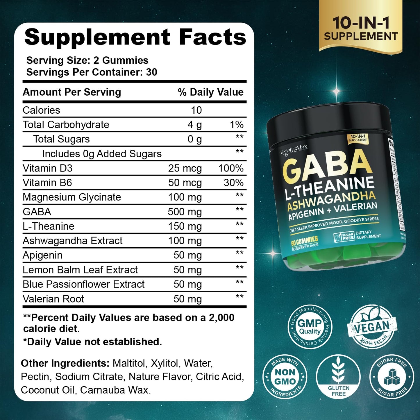 GABA L-Theanine Gummies, Sugar-Free Calm Gummies with L-Theanine, Ashwagandha,Valerian Root,Magnesium | Support Sleep,Stress Relief & Relaxation | GABA Supplement for Adult- Blueberry Flavor - dailyvitalstore