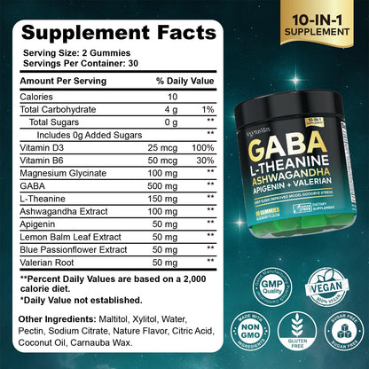 GABA L-Theanine Gummies, Sugar-Free Calm Gummies with L-Theanine, Ashwagandha,Valerian Root,Magnesium | Support Sleep,Stress Relief & Relaxation | GABA Supplement for Adult- Blueberry Flavor - dailyvitalstore
