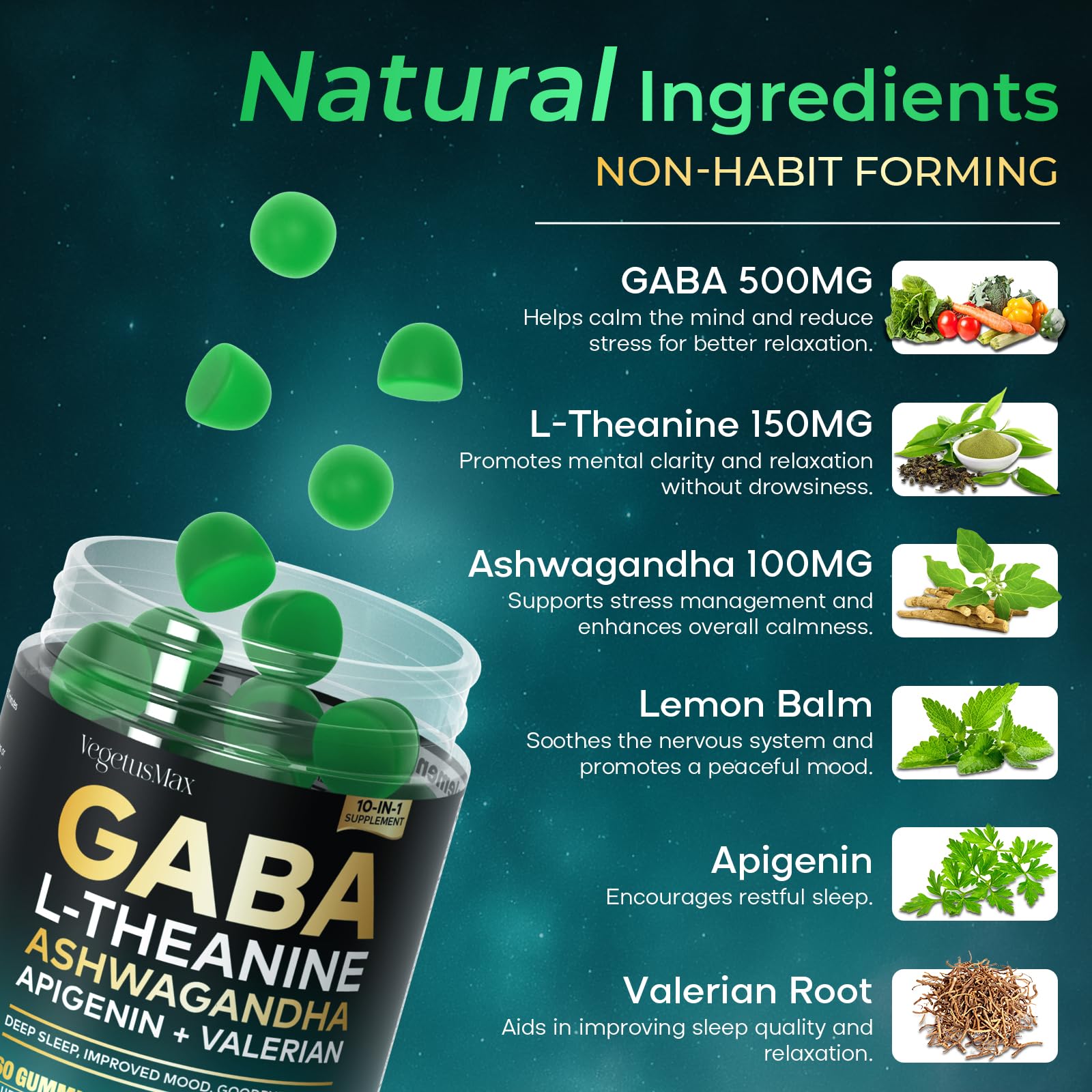 GABA L-Theanine Gummies, Sugar-Free Calm Gummies with L-Theanine, Ashwagandha,Valerian Root,Magnesium | Support Sleep,Stress Relief & Relaxation | GABA Supplement for Adult- Blueberry Flavor - dailyvitalstore