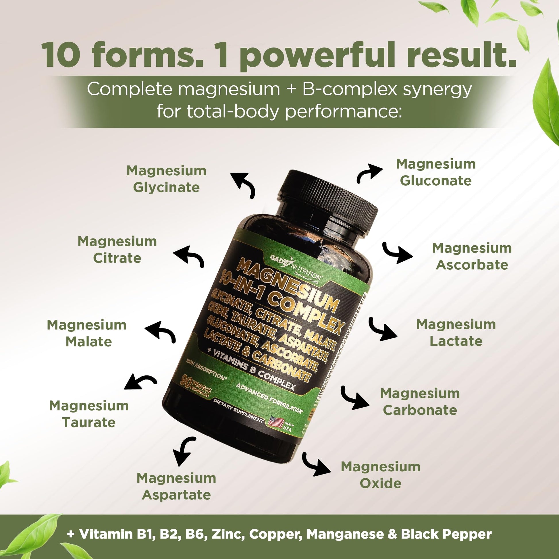Gade Nutrition Magnesium Complex 10 in 1 - Glycinate, Citrate, Malate, Oxide, Taurate, Aspartate, Gluconate Ascorbate Lactate Carbonate Zinc Copper Manganese & Vitamins 90 Count - dailyvitalstore